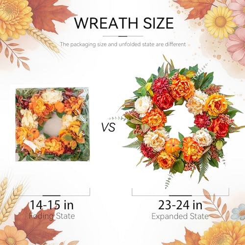 24 InchFall Wreaths for Front Door Autumn Wreath with Peony, Pumpkins - color: Orange1