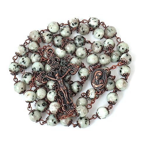 Nazareth Store Natural Stone Beads 8mm Rosary Necklace Antique Copper Design Holy Soil Medal & Cross in Velvet Bag - Catholic Rosaries Terra Santa Jerusalem Collection - color: Dalmatian Jasper