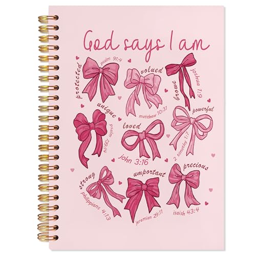 God Says I Am Christian Journaling Notebook, Coquette Pink Bow Bible Notebooks for Note Taking, Scripture Journals for Writing, Prayer Journal for Woman, Preppy Spiral Notebook 5.5x8.3 Inch - color: God Says
