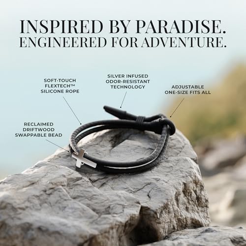 Rowdy Parrot FlexTech Adjustable Silicone Braided Rope Bracelet for Men - Waterproof, Sweatproof, One Size Fits All - Featuring Religious Christian Jesus Cross Design - color: Black Sand | Tarpon Silver