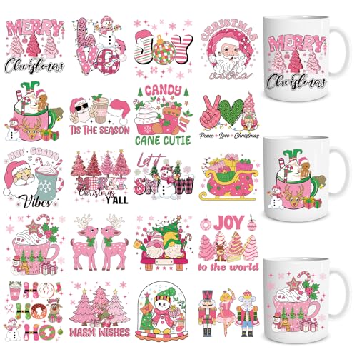 Rngmsi Christmas UV DTF Cup Wrap - 20 Sheets Pink Merry Christmas UV DTF Cup Wraps for 16 oz Snowmen Gnome Santa Claus Uvdtf Decals Personalized Waterproof Rub on Transfer Stickers for Glass Cups - style: Pink Merry Christmas