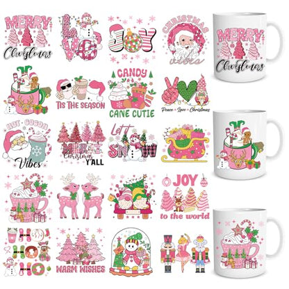 Rngmsi Christmas UV DTF Cup Wrap - 20 Sheets Pink Merry Christmas UV DTF Cup Wraps for 16 oz Snowmen Gnome Santa Claus Uvdtf Decals Personalized Waterproof Rub on Transfer Stickers for Glass Cups - style: Pink Merry Christmas
