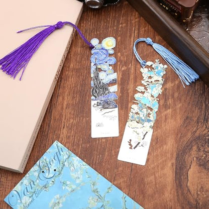 2 Metal Bookmarks with Tassel, Oil Painting Starry Night Over The Rhone and Almond Blossoms, Pretty Bookmarks for Women - style: 《Starry Night Over The Rhone》 and 《Almond Blossoms》
