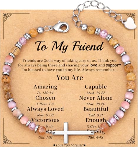 Cross Bracelet for Women, Christian Gifts for Women 2026 Stocking Stuffers for Teens Her Bead Bracelet Adjustable Gemstone Faith Religious Confirmation Communion Bracelet for Best Friend Mom Faith Birthday Anniversary Jewelry - color: Pink- Best Friend