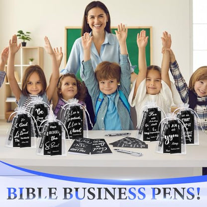200 Pcs Christian Gift for Women Christian Accessories Include 50 Bible Verses Notebook 50 Church Bookmark 50 Ballpoint Pen Organza Bag Gift for Christmas Church Motivational (Black,White) - style: Black,White
