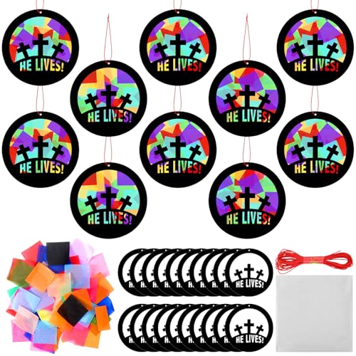 DoubleFill 36 Pcs 36 Sets Suncatchers Crafts Kit DIY Tissue Paper Suncatchers Craft Kit DIY Ornaments for Window Art (He Lives) - style: He Lives