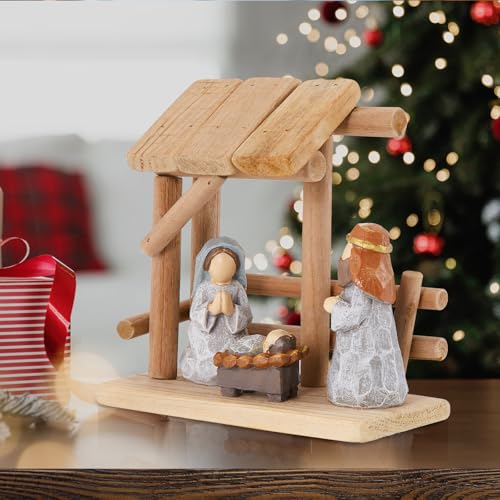 Christian Nativity Scene Decoration with Gift Box, Hand-Painted Resin Figurines with Wooden Stable, 6.7 Inches Tall, Perfect for Christmas Tabletop, Holiday Dining Table & Fireplace Decor