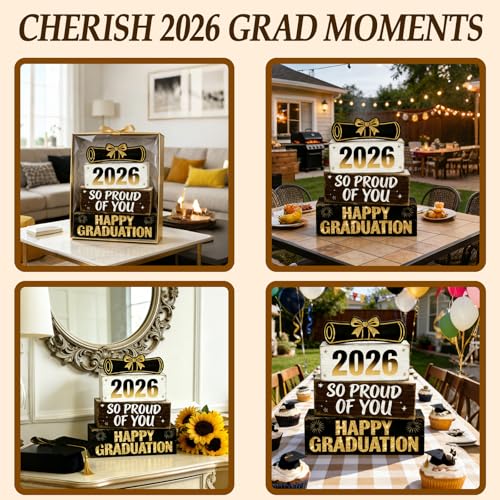2026 Graduation Table Decorations Class of 2026 Senior Tiered Tray Decor Wooden Happy Graduation Signs Farmhouse Congrats Grad Tabletop Party Centerpiece for Tables Wooden Sign for Home Decor - style: Grad Cap