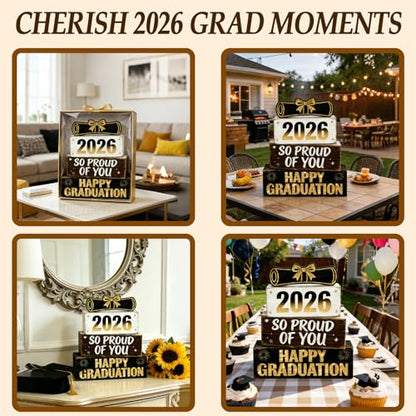 2026 Graduation Table Decorations Class of 2026 Senior Tiered Tray Decor Wooden Happy Graduation Signs Farmhouse Congrats Grad Tabletop Party Centerpiece for Tables Wooden Sign for Home Decor - style: Grad Cap