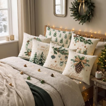 FuWeave 6 Set Christmas Throw Pillow Covers 18x18 Inch Neutral Winter - style: Christmas Tree