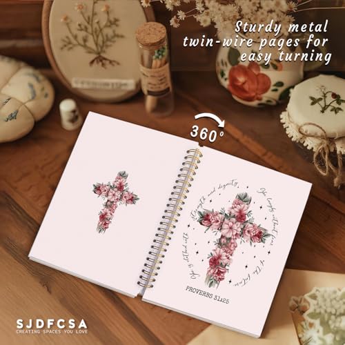 Pink Inspirational Christian Notebook Journal, Proverbs 31:25 Bible Verse Floral Journal for Women, Bible Journaling Supplies, Flower Cross Scripture Spiral Notebook 5.5x8.3 Inch - color: Proverbs 31:25-Flower Pink