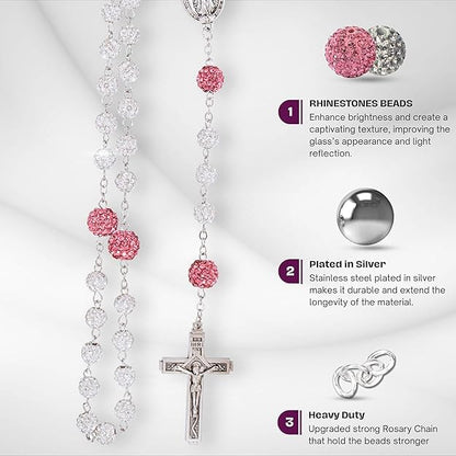 Nazareth Store Rhinestones Crystal Beads Rosary, Catholic Rosary Necklace with Silver Miraculous Medal INRI Crucifix, Multicolor Rosaries in a Gift Case - color: White with Pink Beads