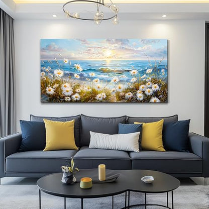 Large Coastal Wildflower Wall Art,Daisy Botanical Canvas Prints 20x40 Inch - color: Flowers Sea Painting, size: 40"L x 20"W