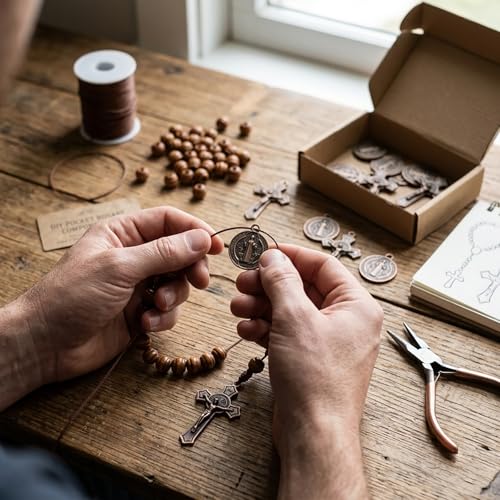 20 Pcs Catholic Rosary Making Kit, 10 St. Benedict Medals & 10 Crucifix Cross Pendants, Antique Bronze Metal Charms Connectors for DIY Pocket Rosaries, Necklaces and Jewelry Crafts (Dark Bronze) - color: Dark Bronze