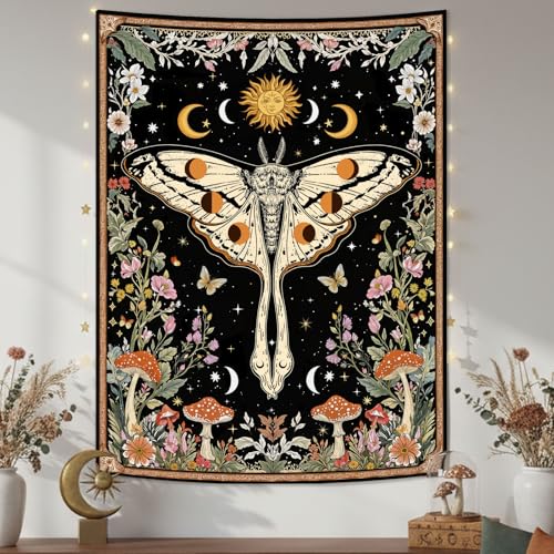 Aipon Boho Moth Tapestry Vintage Floral Flowers Tapestries Aesthetic Retro Mushroom Tapestries for Bedroom Sun and Moon Indie Small Tapestry Wall Hanging for Living Room Dorm 40 x 30 Inch - color: Black Mushroom Moth, size: 40"L x 30"W