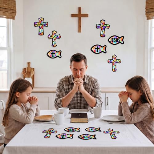 Renbuzhu 48PCS Sunday School VBS Crafts Bulk: Paper Cross Fish Nativity Suncatchers, Jesus Religious Christian Activity DIY Kits Church Decorations, Window Stained Glass Effect Art Supplies - style: jesus fish and cross
