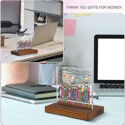 Instructional Coach Gift for Teacher Appreciation or End of School Year, Inspirational Book Stack Desk Sign with Positive Traits, Thank You Plaque for Office or Staff Lounge Decor EC296 - style: Instructional Coach Gift
