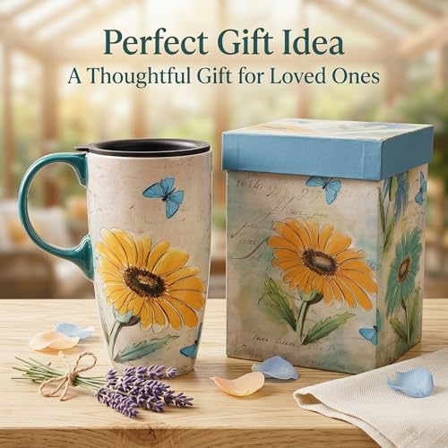 Topadorn 17oz Ceramic Travel Mug with Lid, Blue Daisy Floral Mug - color: Yellow Flower