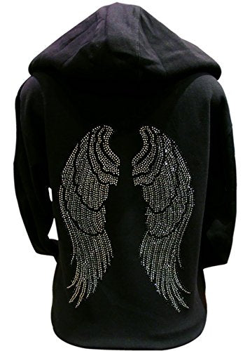 Black and Silver Rhinestone Angel Wings Long Sleeve Hooded Zipper Sweater Black - size: Large