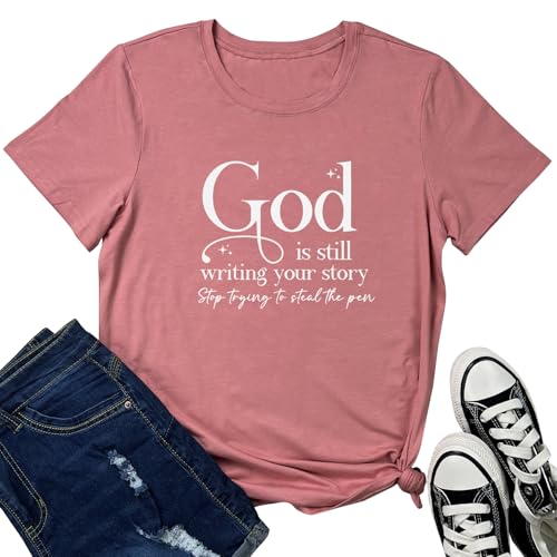 LOOKFACE Womens God is Still T Shirt Comfy Tops Graphic Tees - color: Mauve, size: Large