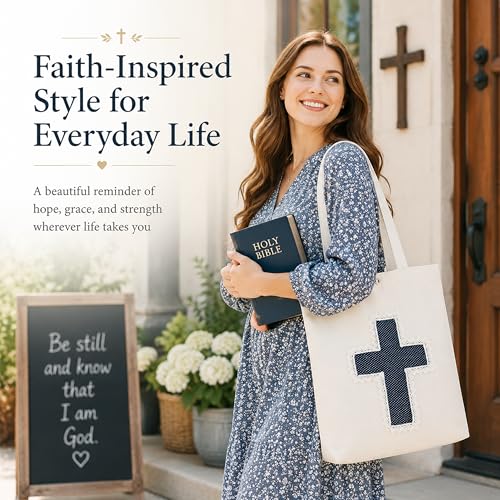 Christian Tote Bag Gift for Women, Canvas Bible Bag Handmade Floral Cross - color: White-navy Polka Dot