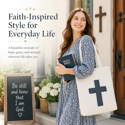 Christian Tote Bag Gift for Women, Canvas Bible Bag Handmade Floral Cross - color: White-navy Polka Dot