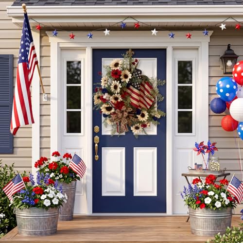 Cinnvoice 4th of July Patriotic Wreath Artificial Wreath for Front Door - style: 4th of July