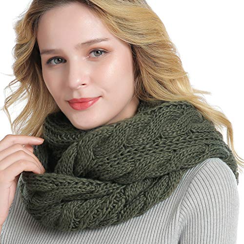 Winter Women Thick Cable Knit Ribbed Infinity Circle Loop Scarf - color: Dark Olive