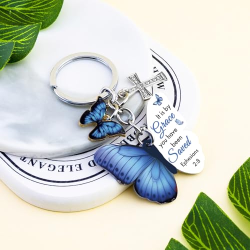 Butterfly Christian Keychain Women Cross Bible Verse Keychain Butterfly Purse Charm Inspirational Religious Gifts - color: Blue