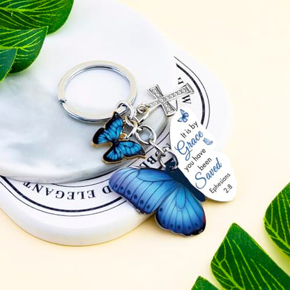 Butterfly Christian Keychain Women Cross Bible Verse Keychain Butterfly Purse Charm Inspirational Religious Gifts - color: Blue