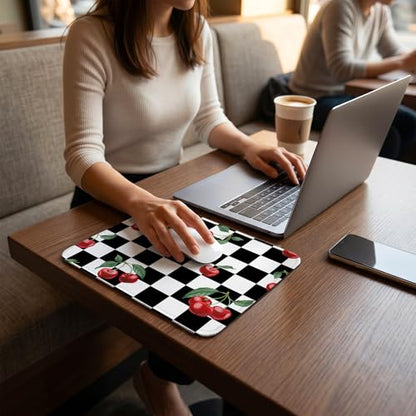 Black Checkered Cherry Mouse Pad, Black and White Checkerboard Cherry Girly Aesthetic Mouse Pad for Home Office Computer Laptop Desk Accessories, 9.5x7.9 Inch - color: Black Checkered Cherry