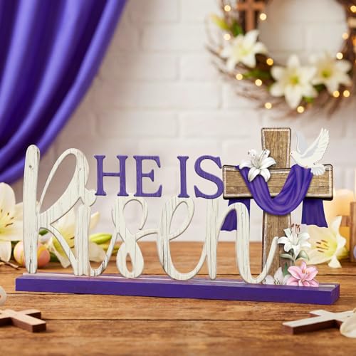 Cinnvoice He Is Risen Easter Decoration Religious Easter Table Sign Farmhouse Metal Letter Christian Tabletop Centerpiece Signs Cross Spring Tiered Tray Decorations for Office Home Party Supplies