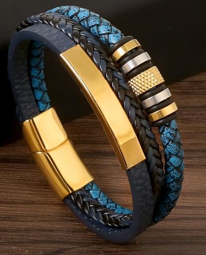 Kim Carrey Italian Handmade Leather Bracelets for Men - color: Braided Gold Blue, size: 8.2"