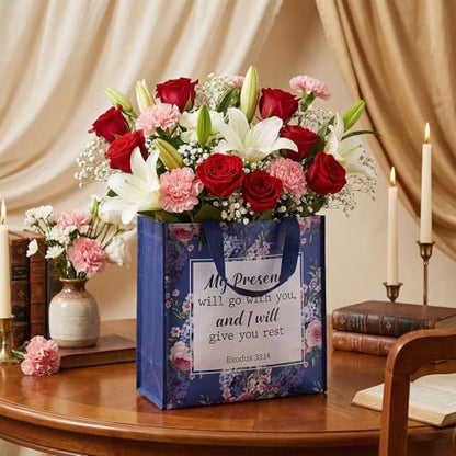 32 Pcs Christian Gift Bags for Women Non Woven Bulk Religious Gift Bags with Handles Reusable Flower Bible Verse Tote for Church Events, Baptism, Easter, Communion, Wedding