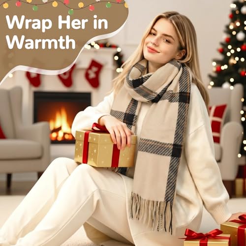 Loritta Winter Scarf for Women, Long Plaid Shawl Wraps Scarves Gifts - color: U-beige Black Striped Lattice