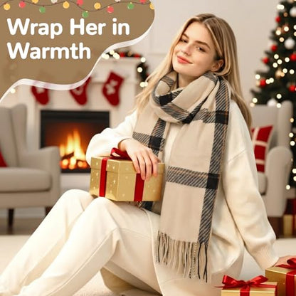 Loritta Winter Scarf for Women, Long Plaid Shawl Wraps Scarves Gifts - color: U-beige Black Striped Lattice