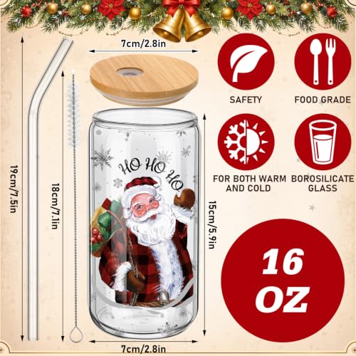 Teenyyou 12 Sets of Christmas Glasses Cups with Bamboo Lid and Glass Straw 16 oz Red and Black Plaid Christmas Glass Jar Drinking Cups Wreath Santa Coffee Cup for Women Men Xmas Holiday Party Gifts - style: Red and Black Plaid
