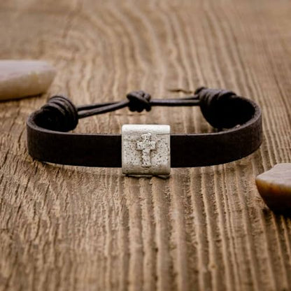 Equitable Brown/Black Leather Bracelet with Pewter Cross Bead Faith Jewelry - color: Black Leather