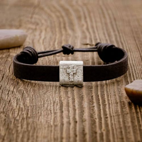 Equitable Brown/Black Leather Bracelet with Pewter Cross Bead Faith Jewelry - color: Black Leather