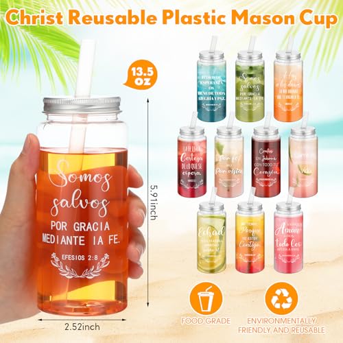 LemonRoad 20 Pack Christian Gift Religious Cups Bulk 13.5 oz Bible Verse Plastic DIY Mason Jar Cups with Straw Lid Reusable for DIY Craft Church Coworker Employee Gift Decoration(Spanish) - style: Spanish