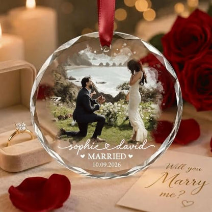 Personalized Engagement Photo Glass Ornament, Engaged Couples Photo Gift, Wedding Ornament, for Couple - color: Ds 07
