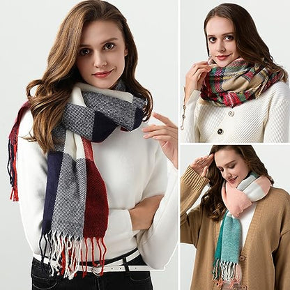 Clothirily Womens Winter Scarf, Oversized Long Blanket Plaid Shawl Wrap - color: Red Blue Lattice