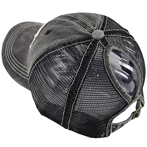 Women American Flag Ponytail Hat, Embroidery Adjustable Washed Distressed Messy Bun Baseball Cap … - color: Mesh Black