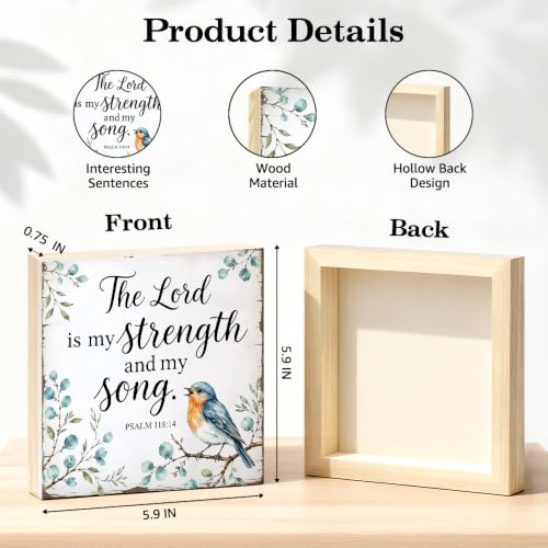 TOUNER The Lord Is My Strength And My Song Wooden Box Sign, Bluebird Wooden Box Sign Decorations for Home Office Bedroom Desk Shelf, Inspirational Bible Verse Gifts for Friends Family Colleague - color: Multicolor083