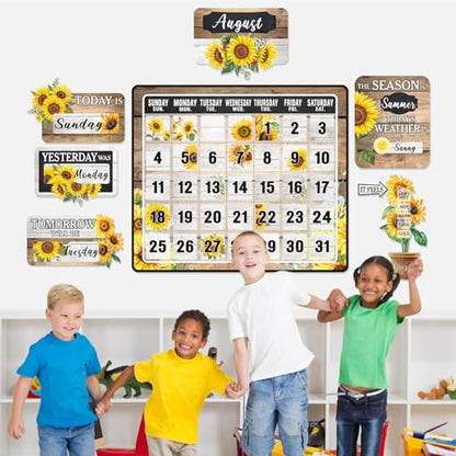 Cholemy 85 Pcs Calendar Bulletin Board Set Classroom Calendar Bulletin Board with Numbers Month Weather Classroom Decorations for Back to School Wall Chalkboard Decor Supplies(Sunflower) - style: Sunflower