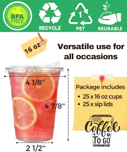16 oz Clear Plastic Cups with Strawless-Sip-Lids, 25 Sets Disposable Cup Plastic Iced Coffee Cups, To Go Cup with Sip Through Lids for Smoothie, Milkshake, Cold Drinks for Party, Wedding, Event - size: 16 oz Regular
