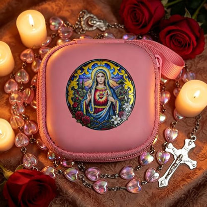 Handmade Rosary Beads for Women, Elegant Catholic Gifts for First Communion, Confirmation & Spiritual Prayer, Unique Beaded Rosary Necklace with Zippered Case - color: Pink - Immaculate Heart of Mary