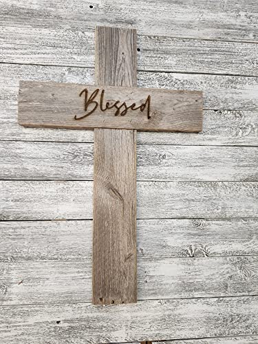 Rockin' Wood Rustic Reclaimed Wood Cross, wall decor handmade in the USA, rustic Christian Home Decor, cross wall decor (Blessed, Large)