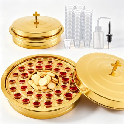 2-in-1 Gold Communion Tray Set for Churches with Lid, Hold Bread & 32 Cup
