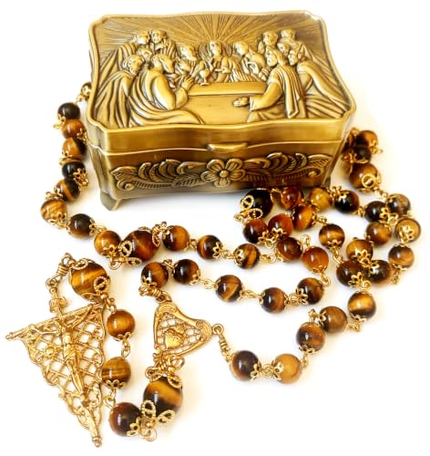 Handmade vintge copper 5 decade rosary with case Natural Tiger Eye Stone Beads Necklace Perfect Catholic gifts for Men and Women Catholic